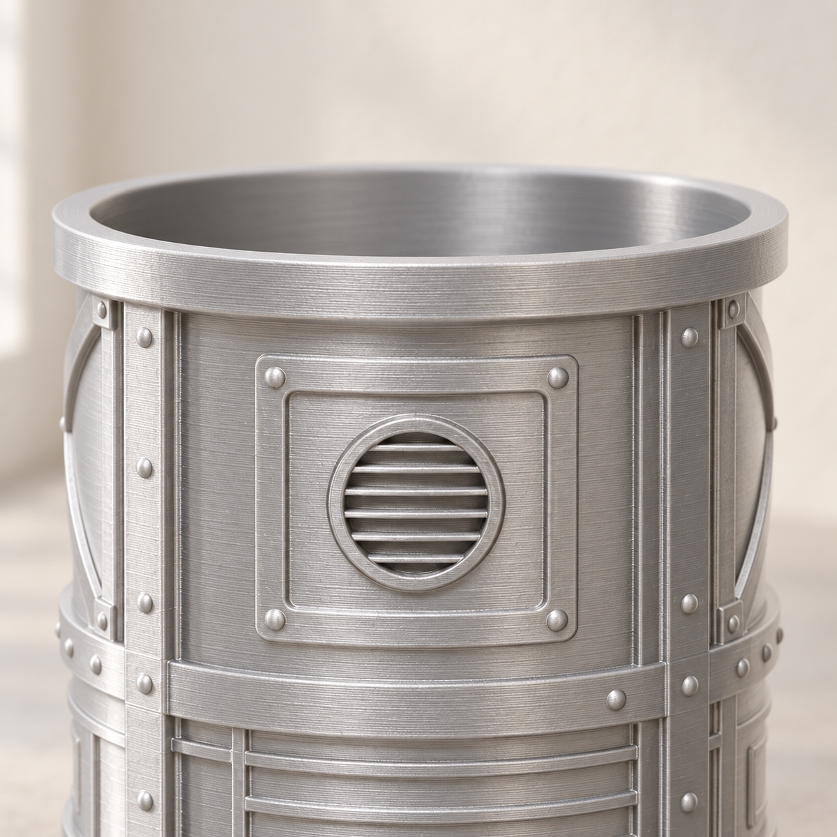 Mech Pod indoor planter with detailed mechanical pod panels and structural details