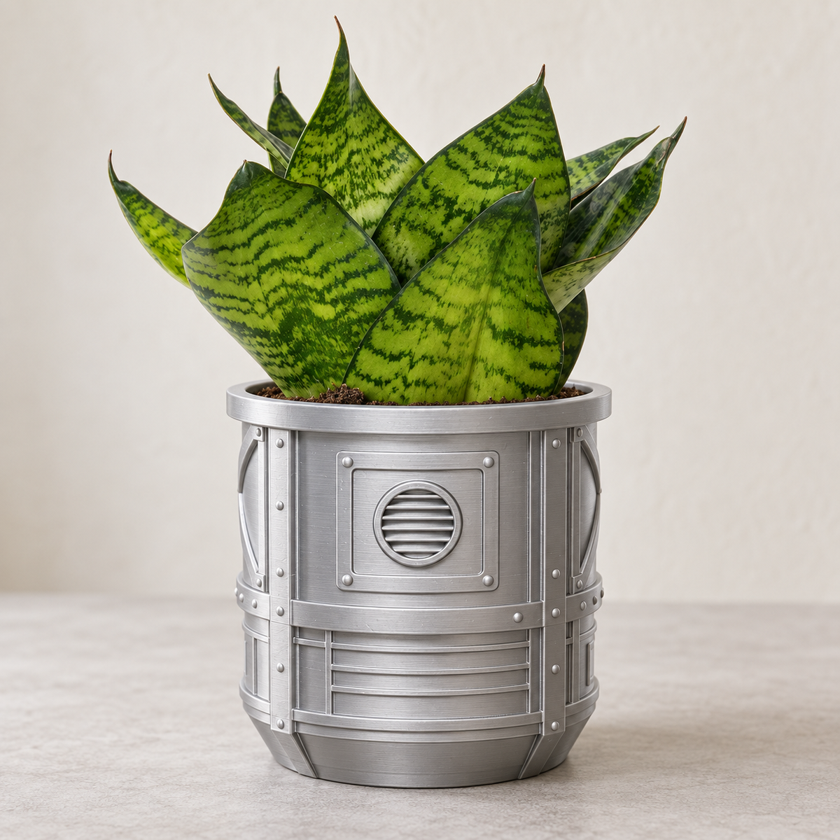 Mech Pod indoor planter with mechanical pod panels and structural details