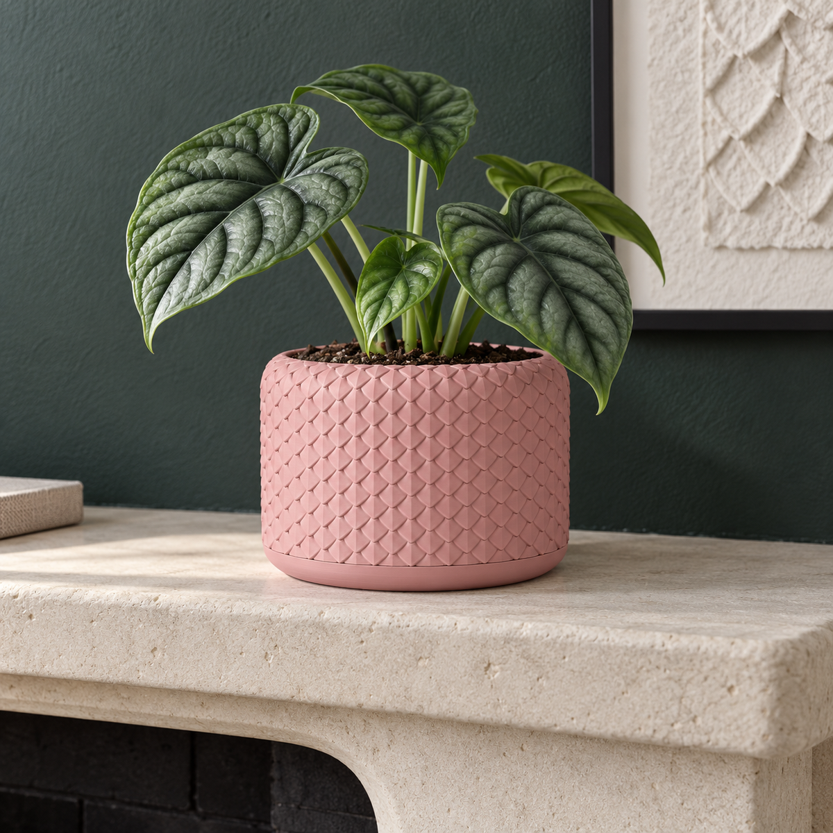 Pelta sculptural planter with detailed ordered overlapping scale texture