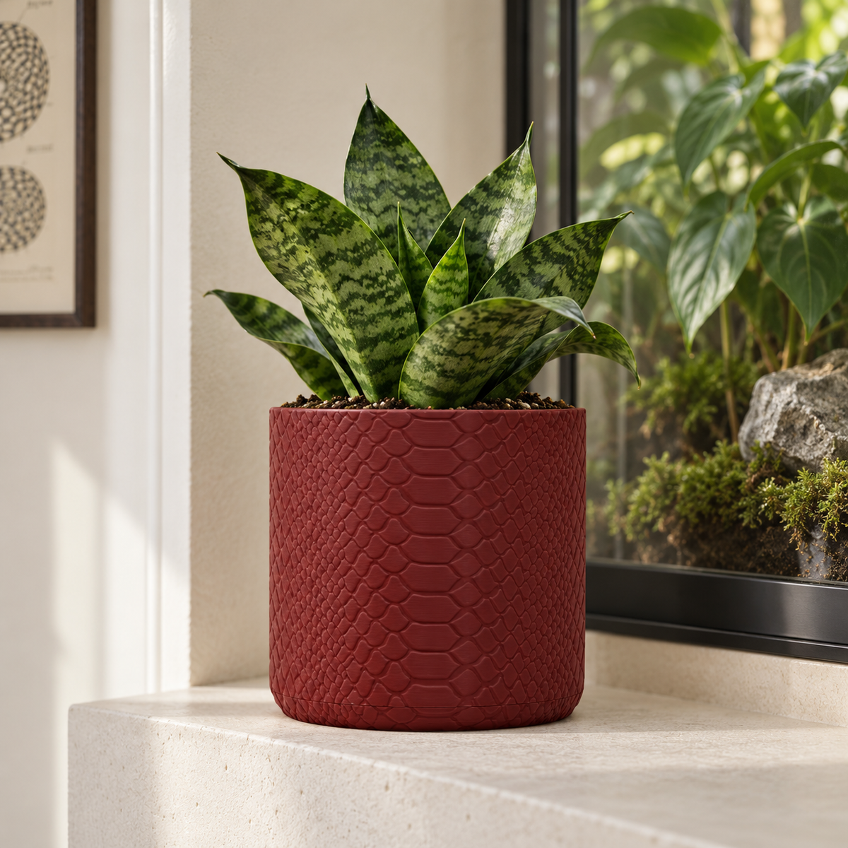 Serpen indoor planter with detailed subtle snake-scale texture