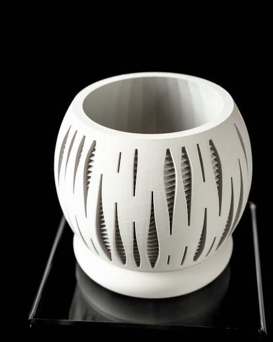 abstract spherical pot with rhythmic vertical slices and contrasting interior texture, made via 3D printing, hollow structure highlighted by sculptural geometry, displayed on transparent base, decorative flower pot, statement planter for unique decor setups
