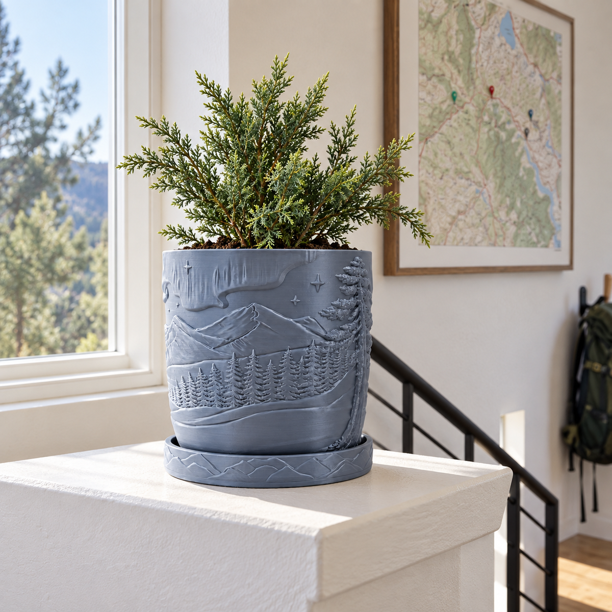Timberline indoor planter styled to show sculpted woodgrain-style surface