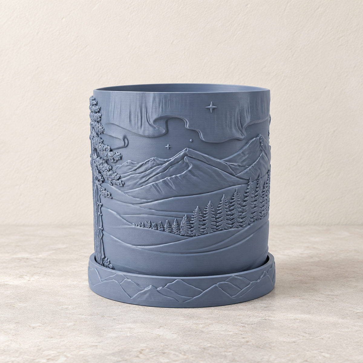 Timberline indoor planter showing sculpted woodgrain-style surface across the design