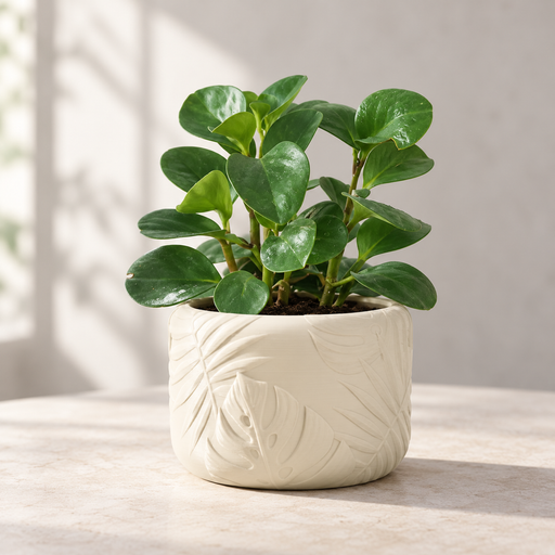 Tropica round planter with sculpted tropical leaf relief in a styled indoor plant display