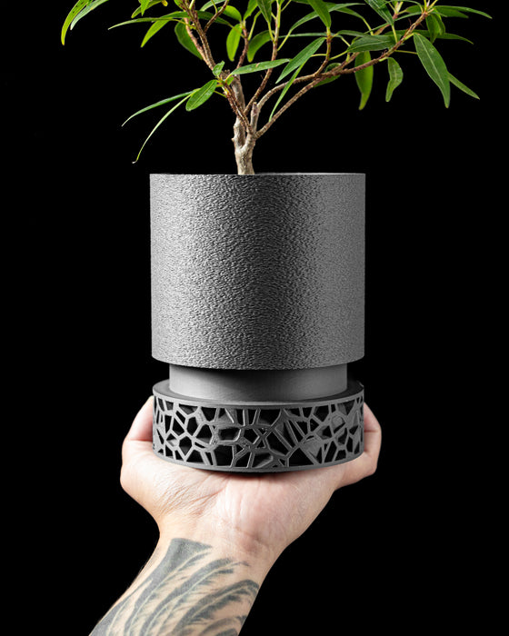 3d printed decorative pot with matte grainy surface and cylindrical form, lifted above a striking cutout base made of Voronoi-style geometry, designed for stability and airiness, features seamless junction between upper body and sculptural support, modern planter pot, 3d printed planter, minimalist design, textured surface planter, unique home decor piece, personalised gift, succulent planter, planters and pots, college gifts, housewarming decor, gifts for mom, future-forward aesthetic