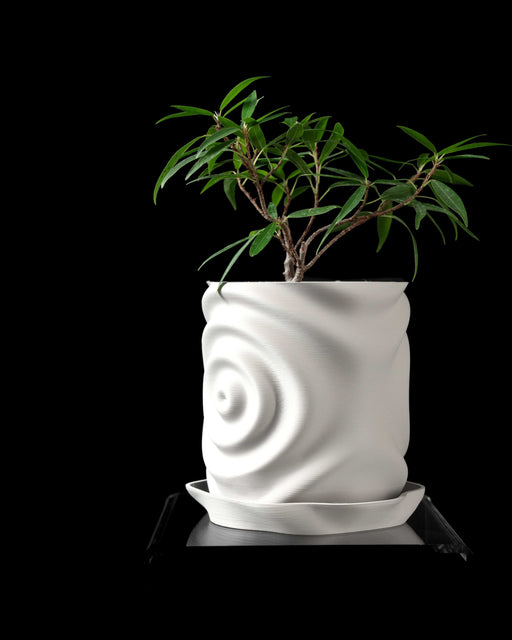 white 3d printed planter with concentric ripple pattern resembling a waterdrop effect, cylindrical shape with slight curvature and modern organic design, plant growing from top, planter sits on matching tray, high-detail texture visible, minimalist background, futuristic decorative pot for indoor plants, unique tactile surface, perfect for zen style decor and modern nature-inspired interiors