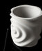 white 3d printed flower pot viewed from side with centered ripple indent and organic distortions in form, artistic rendering of liquid motion captured in plastic, sculptural object functioning as planter, visually balanced and digitally manufactured, smooth matte finish emphasizes layered printing texture, suitable for succulents or houseplants, futuristic and minimal in silhouette