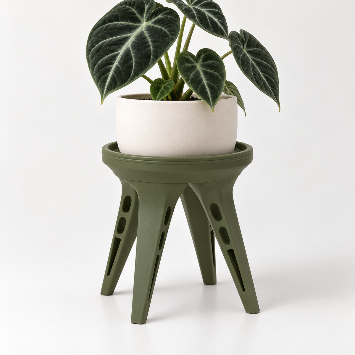 Green AeroFour plant stand with four splayed cutout legs supporting a white pot with dark veined foliage.