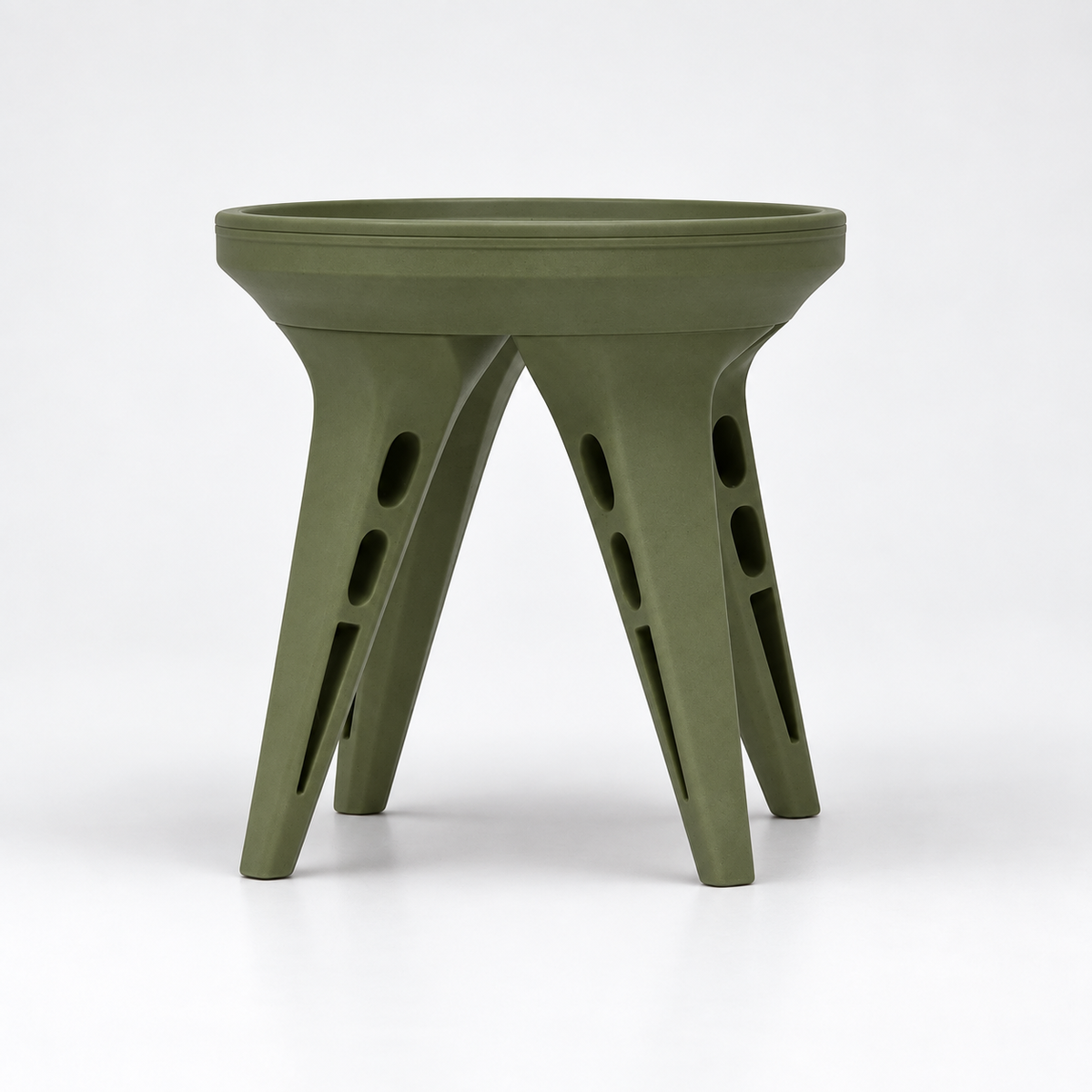 Green AeroFour plant stand shown empty from the front, with a round top and four angled cutout legs.