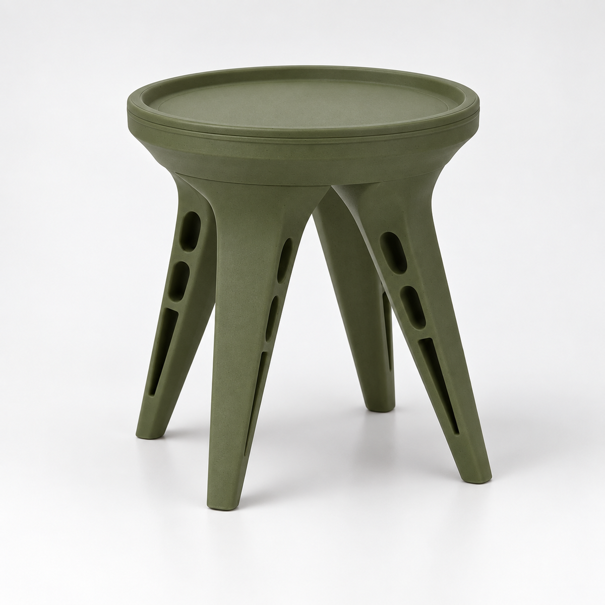 Angled view of the green AeroFour stand showing the splayed legs and oval openings along their sides.