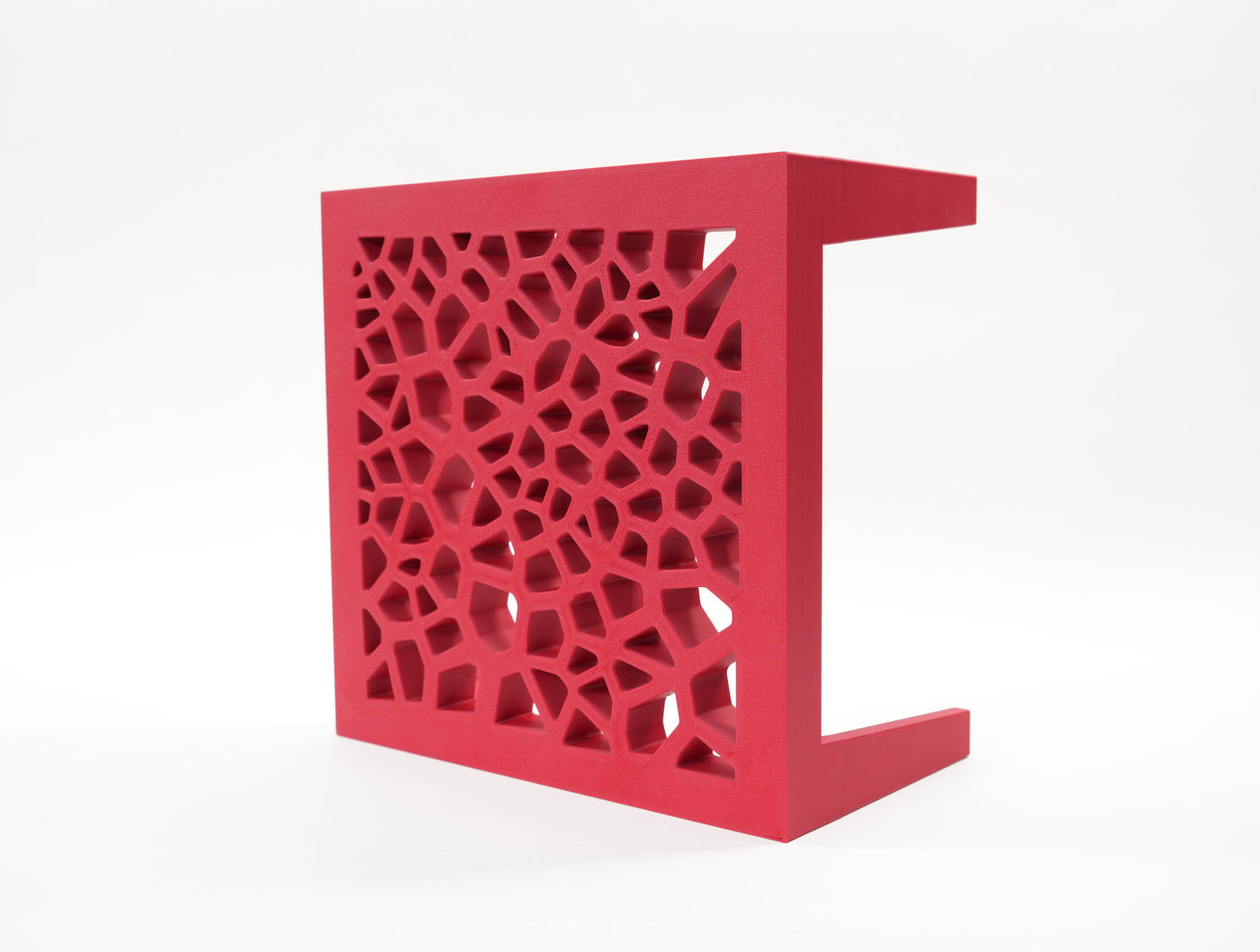 Side view of plant stand “Grid Square” showing lattice panel and raised shape