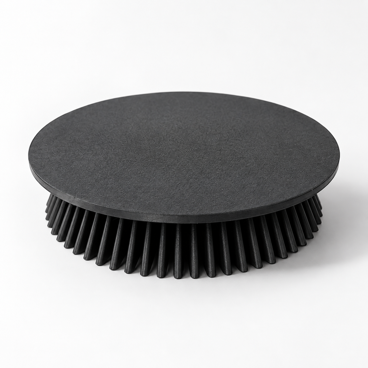 Black Pinwheel plant riser with a round solid top above a dense fan-like ring of angled ribs.