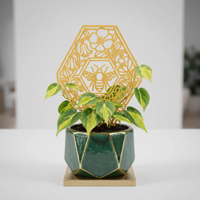 Plant trellis “Bela” with bee and floral honeycomb design supporting an indoor climbing plant