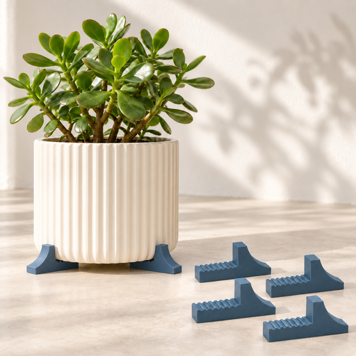 Cream fluted planter raised on blue-grey Canto plant pot risers, with individual curved pot feet shown beside it.