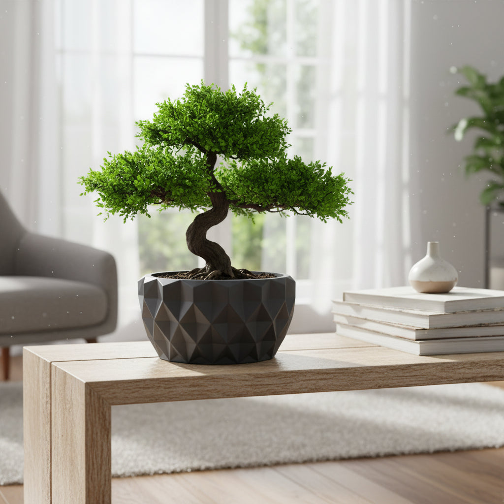 Prizma low faceted bowl with crisp geometric planes bonsai planter, side view