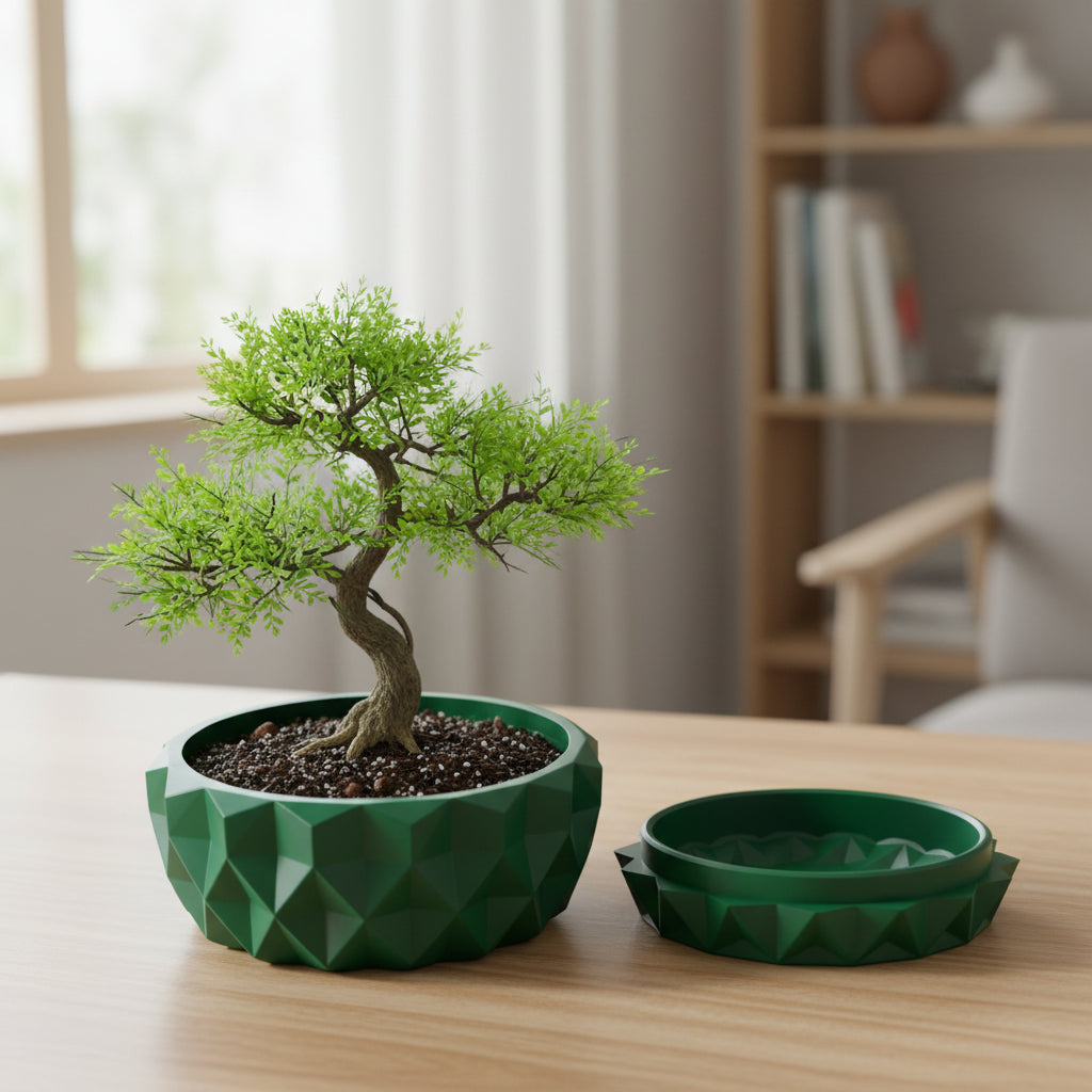 Prizma low faceted bowl with crisp geometric planes bonsai planter, base and drainage view
