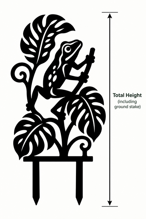Rana frog and monstera plant trellis size guide showing total height includes ground stakes