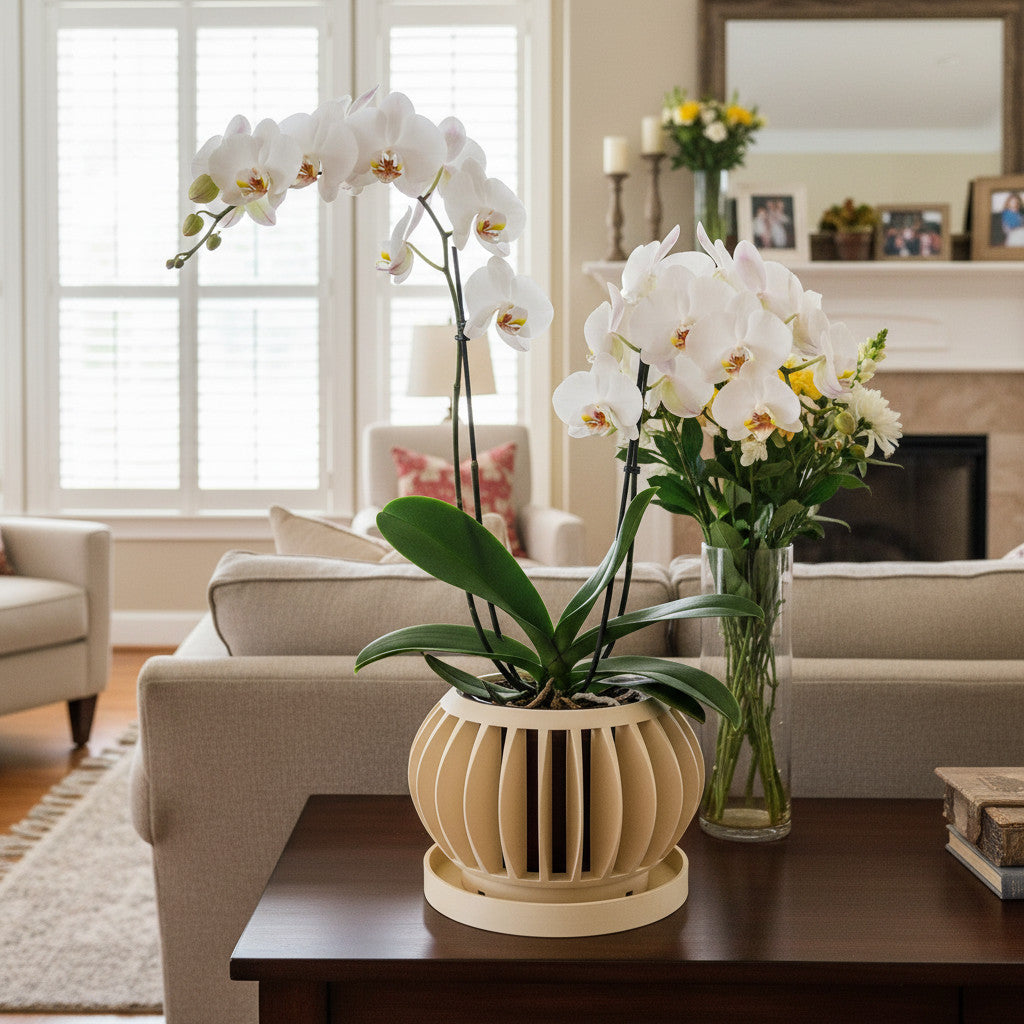 Rene flowing wave ribs ventilated orchid pot, front view