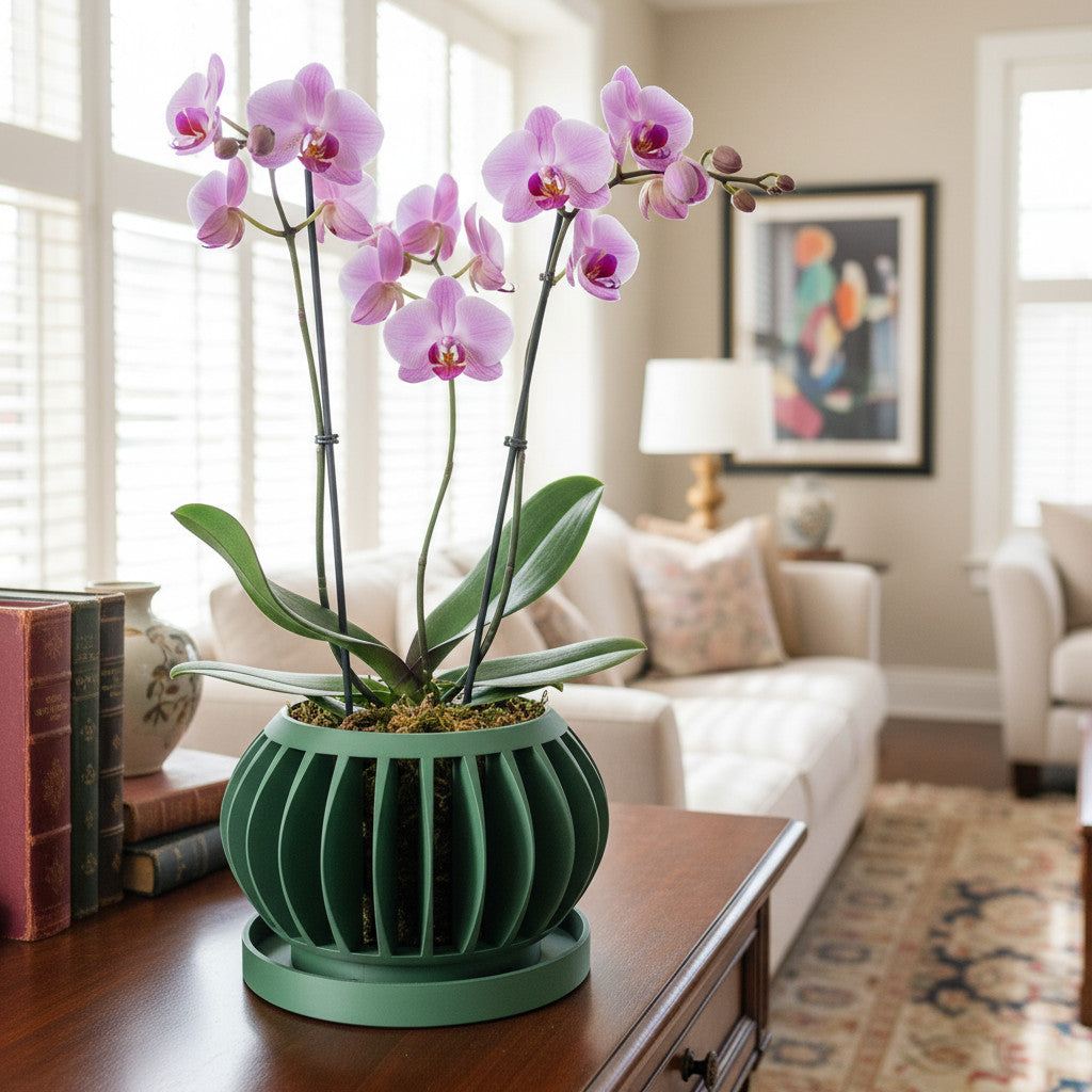 Rene flowing wave ribs ventilated orchid pot, side view