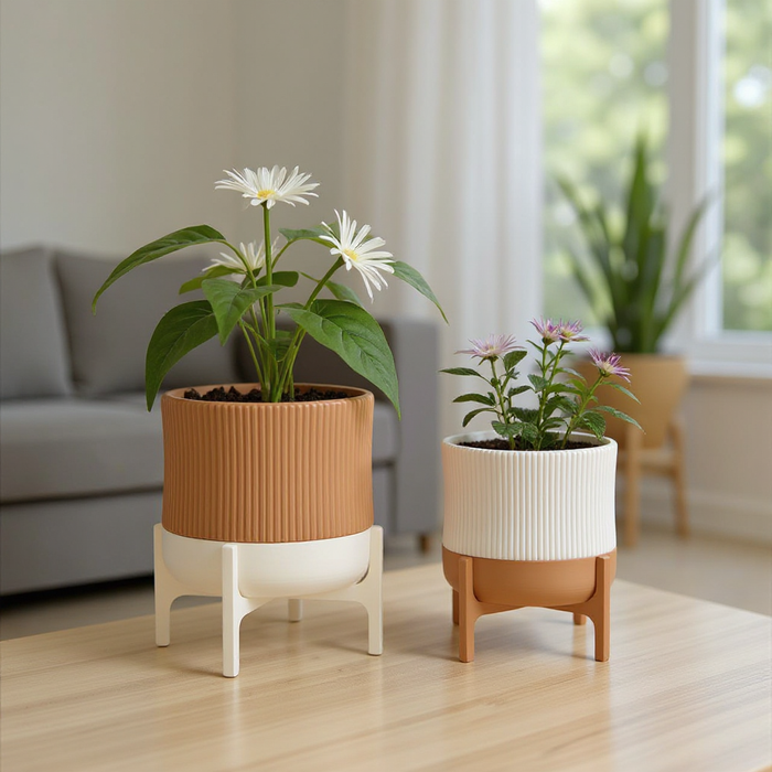 Planter pot "Rialto" – 3D Printed Ribbed Pot with Stand, Drainage Hole / No Hole, Removable Stand