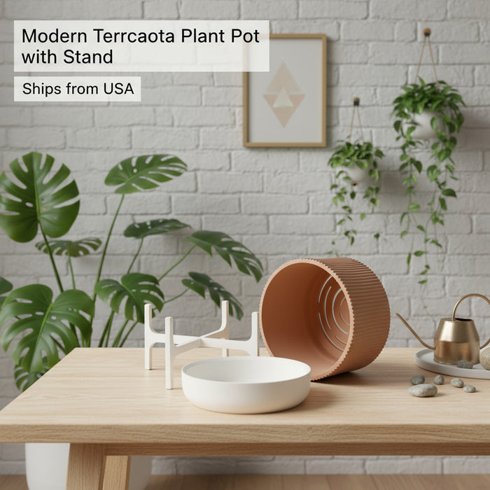 Planter pot "Rialto" – 3D Printed Ribbed Pot with Stand, Drainage Hole / No Hole, Removable Stand