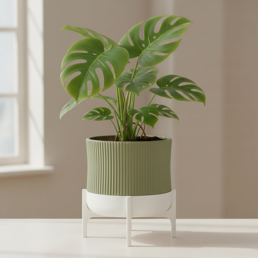 Rialto front view of ribbed planter and stand by Viviero3D