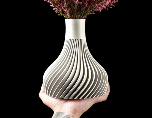 ridged vase for flowers, white vase with vertical ribbed lines and elegant silhouette, flower vase for dried flowers, vases for flowers, modern vase design, unique home decor, 3d printed vase with sculptural spiral twist, ikebana vase, home office decor, vase dried flowers