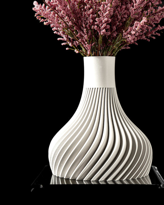 flower vase with spiraling vertical ridges and narrow neck, white modern vase, minimalist aesthetic vase, vase for dried flowers and arrangements, decorative ribbed vase, 3d printed vase, modern flower vase, unique gift, vases for flowers, home office decor