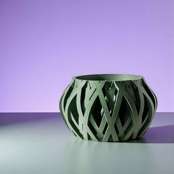 Woven Orchid Pot "Rimo" • 3D Printed Basketweave Planter with Drainage Saucer • Sage Green Airflow Decor