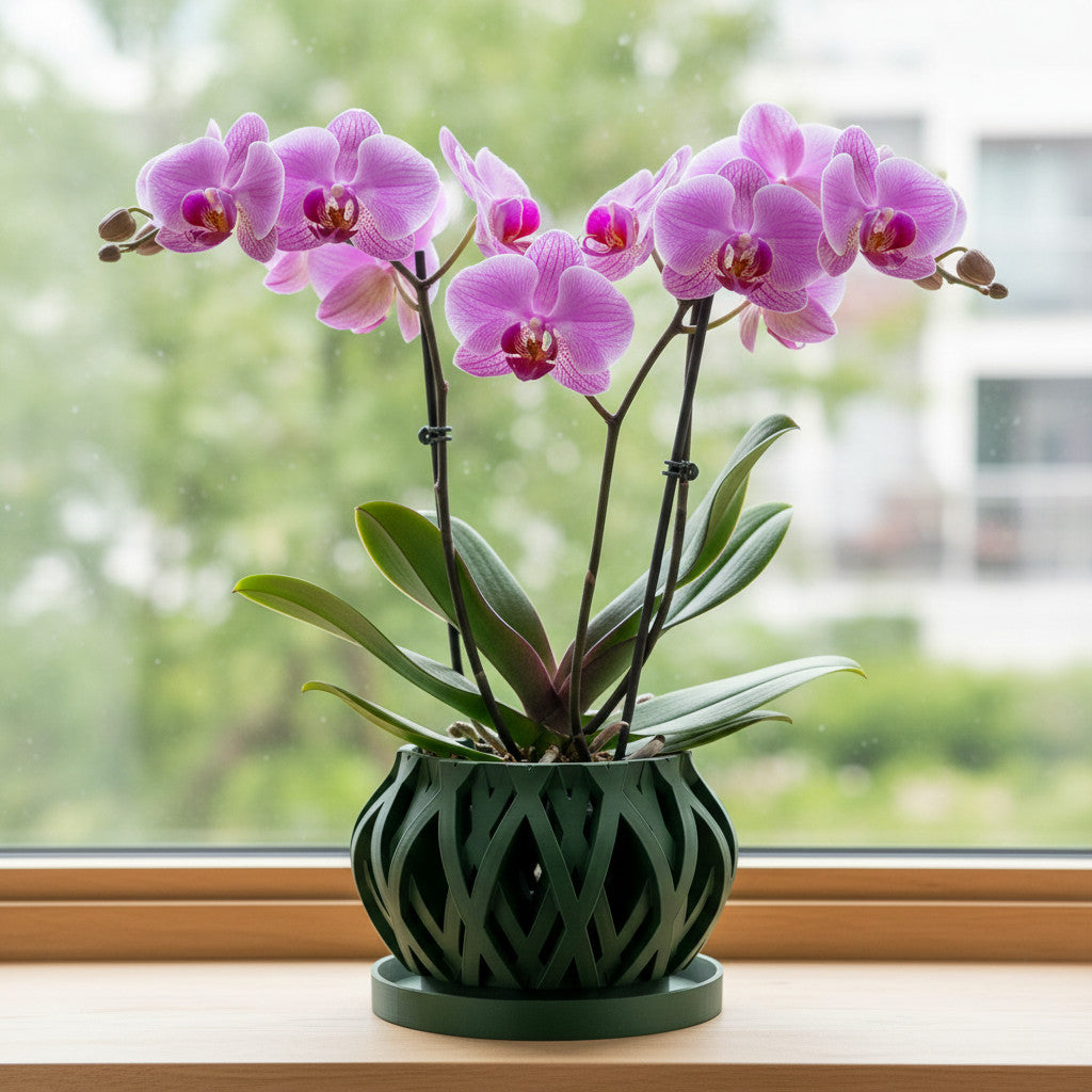 Rimo rounded lattice ventilated orchid pot, indoor display view