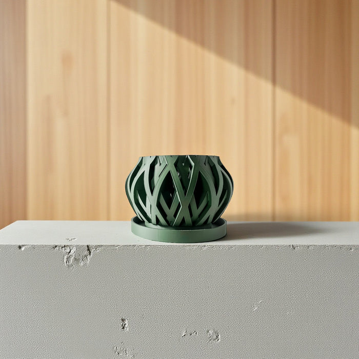 Woven Orchid Pot "Rimo" • 3D Printed Basketweave Planter with Drainage Saucer • Sage Green Airflow Decor