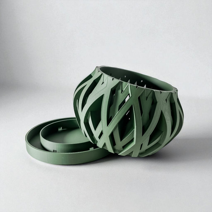 Woven Orchid Pot "Rimo" • 3D Printed Basketweave Planter with Drainage Saucer • Sage Green Airflow Decor
