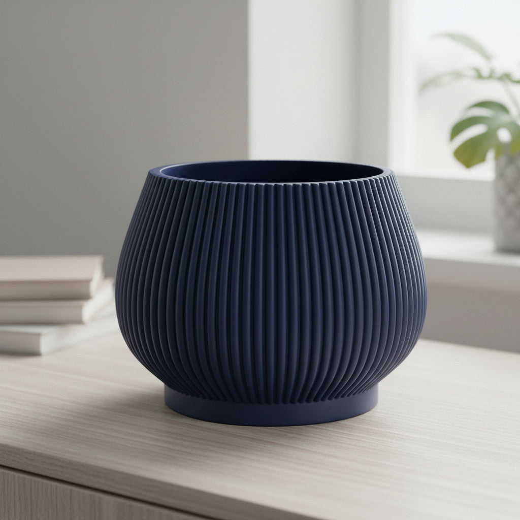 Rivon deep vertical fluting with a balanced modern cylinder indoor planter, top opening view