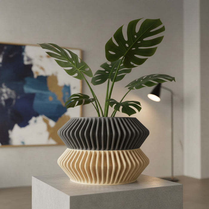 Modern 3D Printed Planter “Rodel” – Sculptural Ribbed Design, Two-Tone or Solid Color Pot
