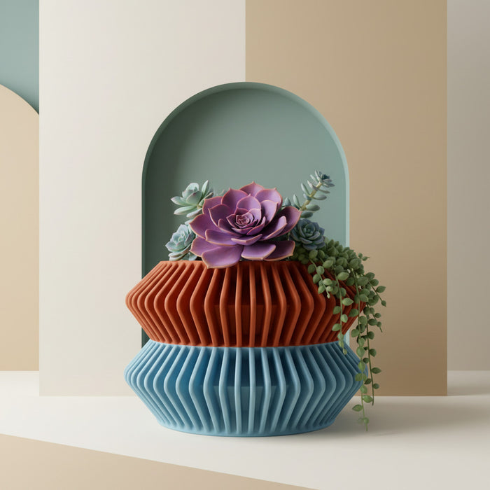 Modern 3D Printed Planter “Rodel” – Sculptural Ribbed Design, Two-Tone or Solid Color Pot