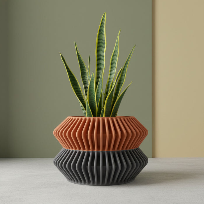Modern 3D Printed Planter “Rodel” – Sculptural Ribbed Design, Two-Tone or Solid Color Pot