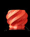 Bright red 3D printed flower pot with intricate spiral textures, displayed in hand. Designed as a unique planter for succulents or indoor plants, it blends modern art with functionality. Perfect for use as a book plant pot, a decorative indoor planter, or low planter pot. A memorable and artistic choice for unique home decor and great gifts for mom or any plant lover.