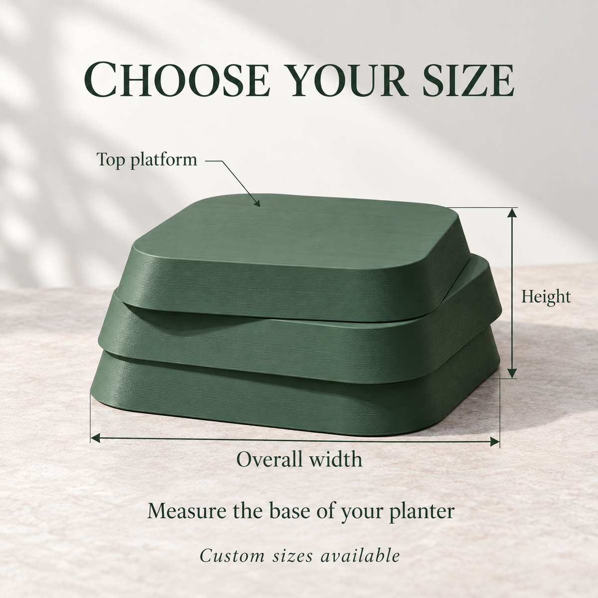 Plant stand size guide identifying overall width, height and top platform, with custom sizes available.