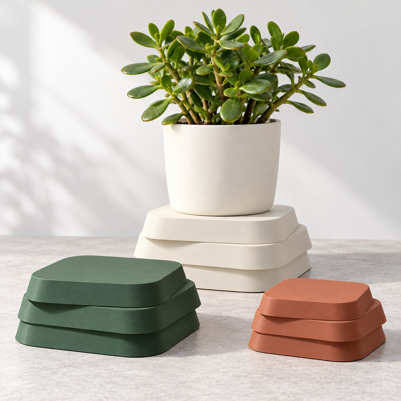 Three sizes of an offset square plant stand in green, cream and terracotta, with a potted jade plant.