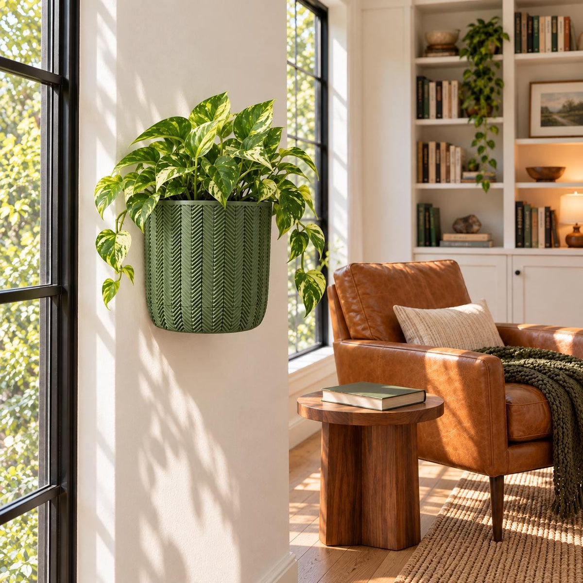 Army green Spigo wall planter with trailing pothos beside a black-framed window and leather chair.