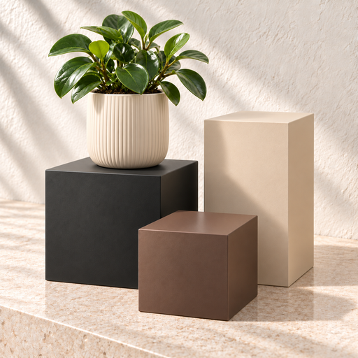 Three square plant stands in black, beige and brown on pale stone, with an ivory ribbed planter and leafy plant on the black stand.