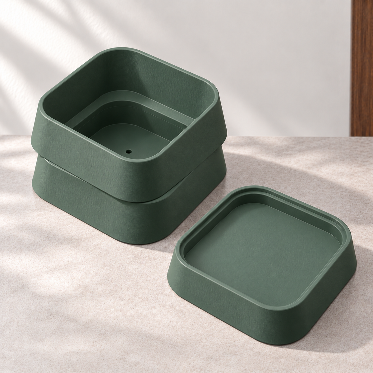 Design visualization of a Forest Green two-tier planter body with a visible central drain hole on the left and its detached lower-tier tray at the front-right.