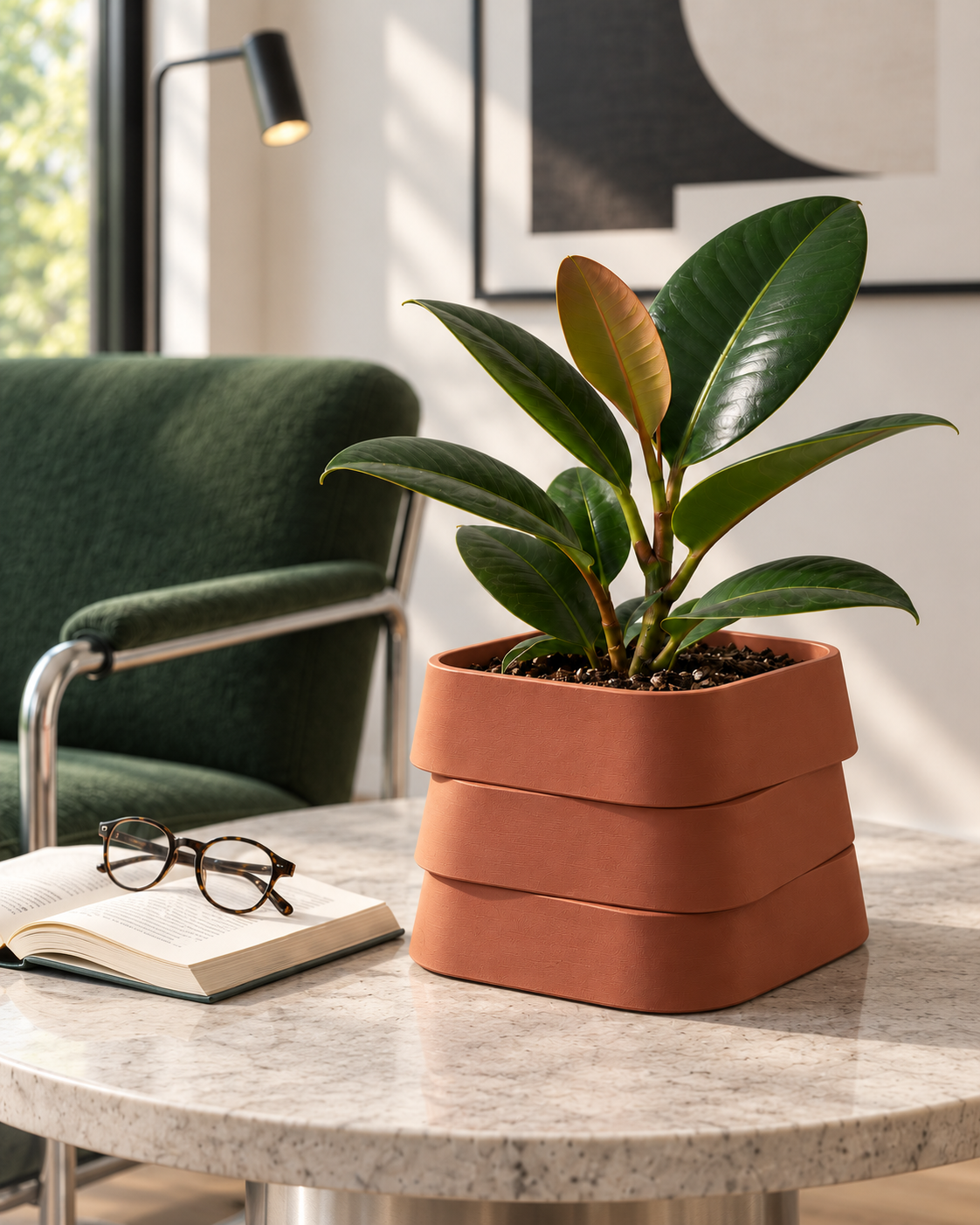 Design visualization of a Terracotta three-tier planter with a rubber plant as the focal point on a pale stone side table, with a book and reading glasses beside it and a green lounge chair softly visible behind.