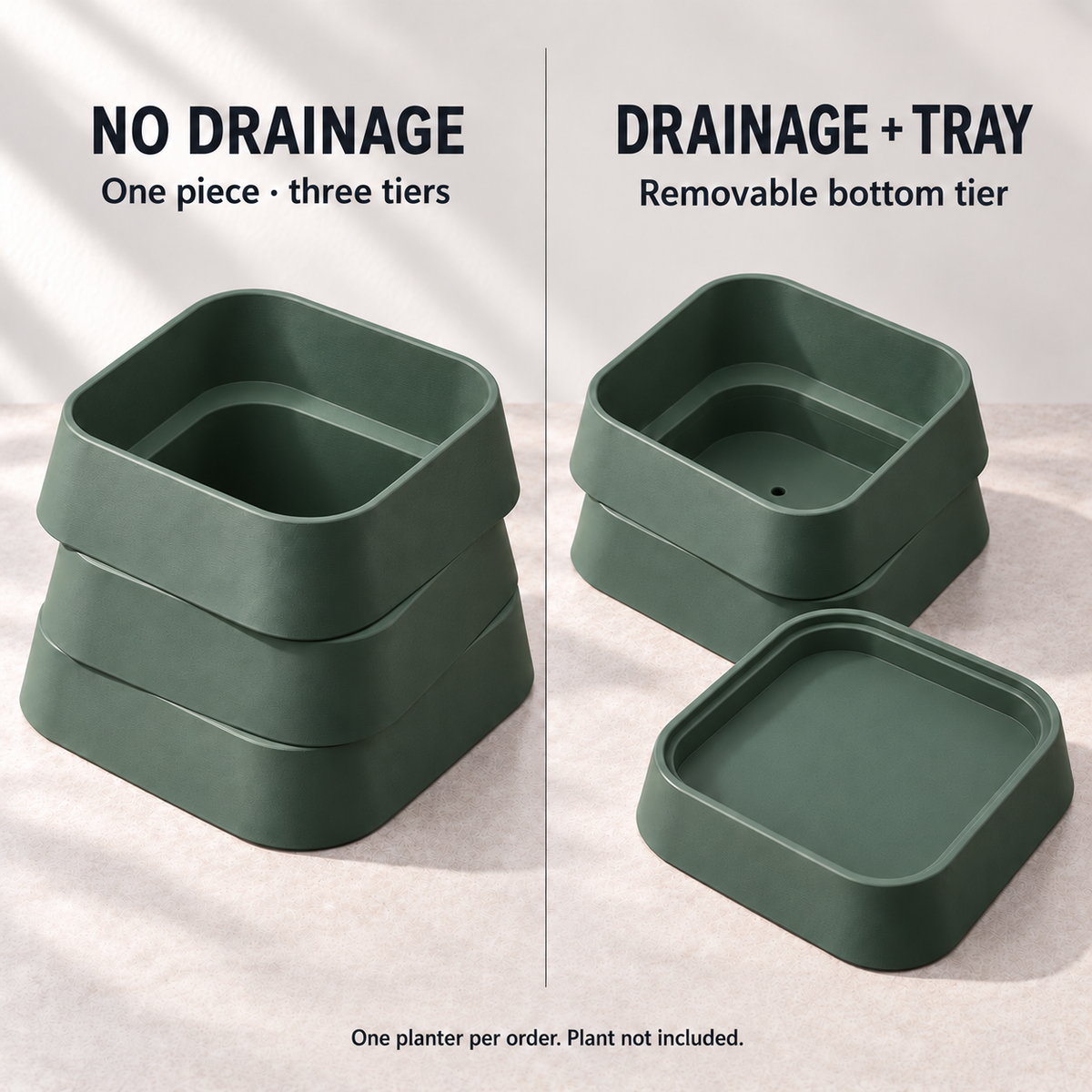 Planter options guide comparing the two-tier drainage body with a removable bottom-tier tray and the one-piece three-tier version without a drainage hole.