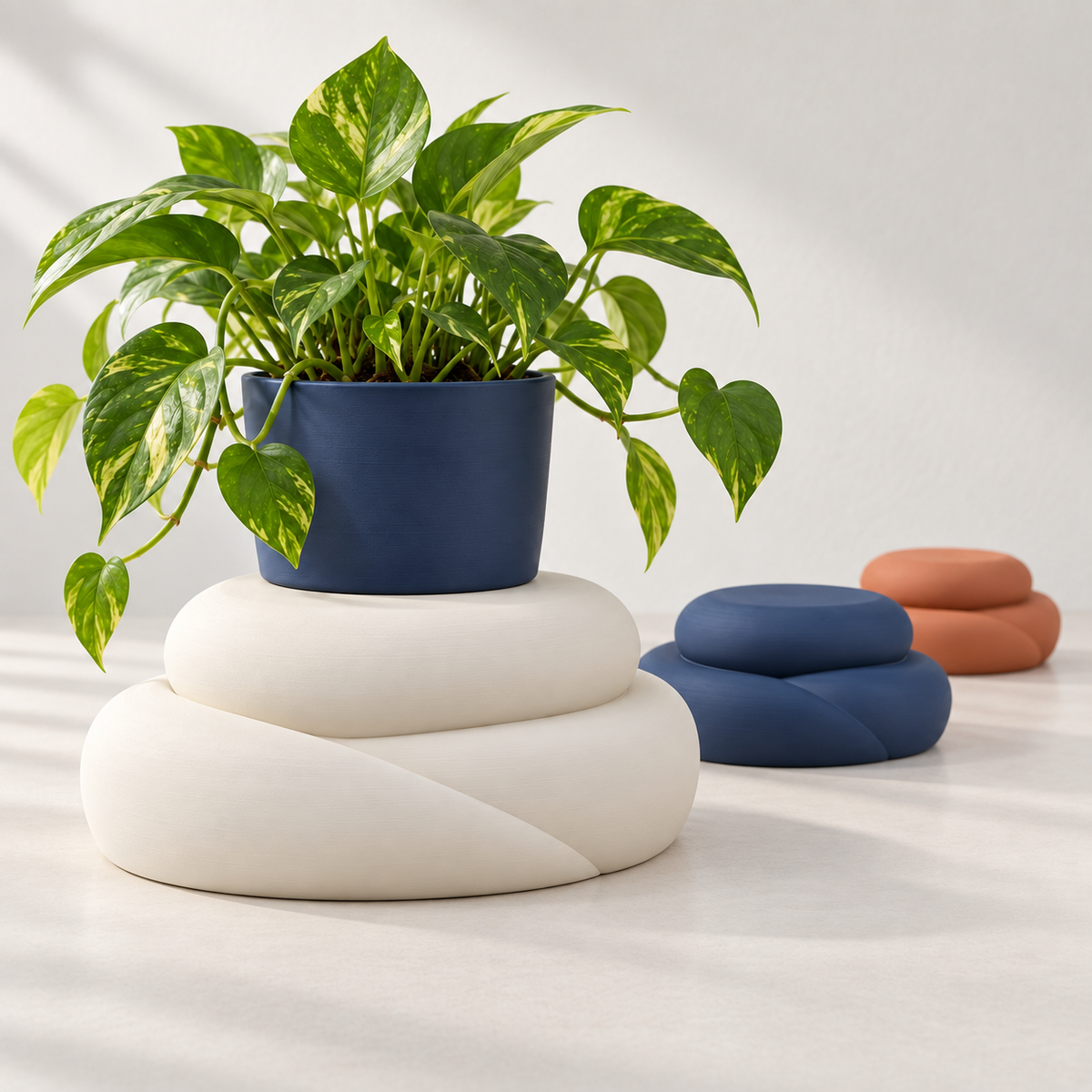 Cream White Talvo plant stand with a navy planter; smaller stands show example sizes and colors.
