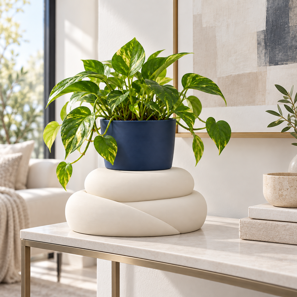 Cream White Talvo stand displaying a navy planter on an indoor console.