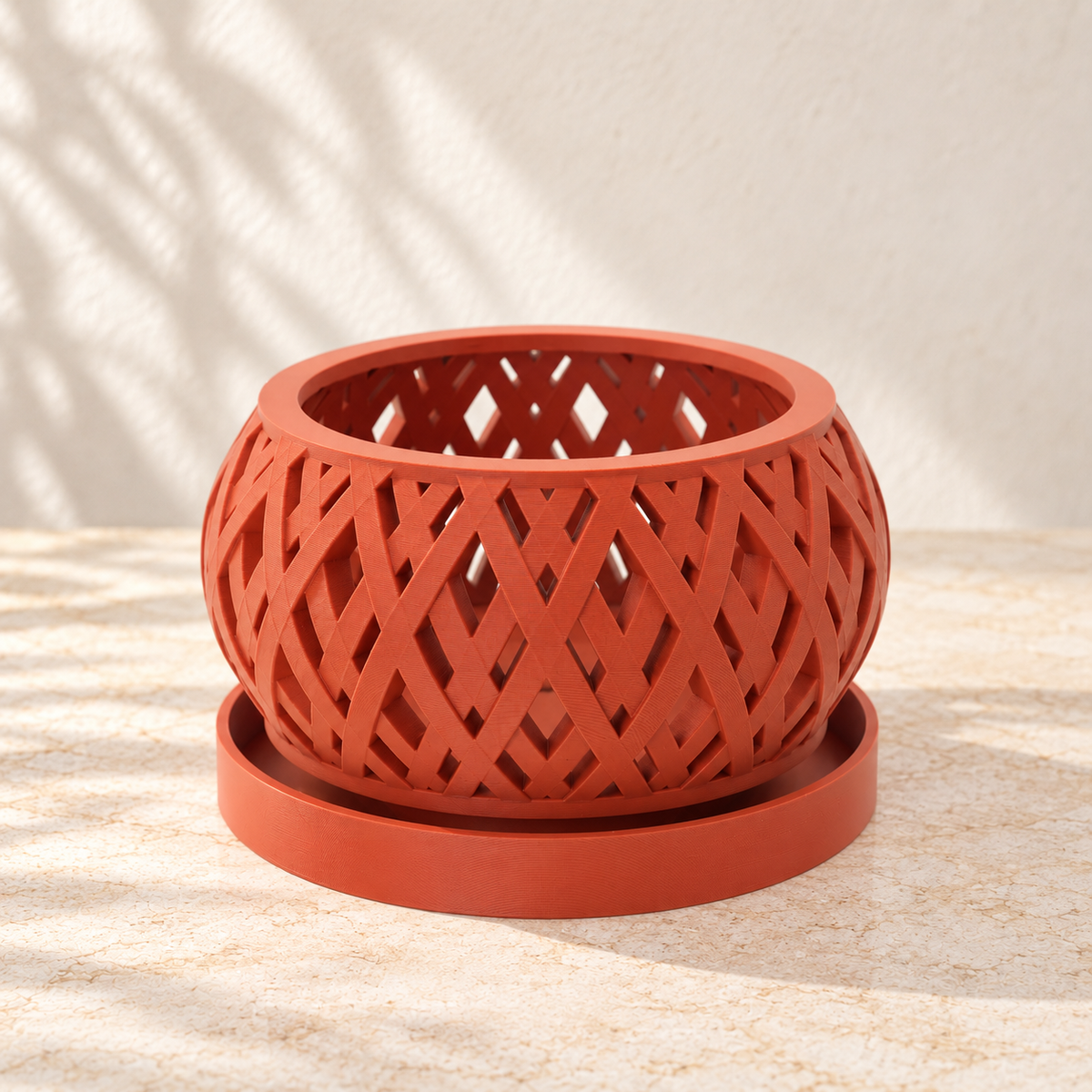 Front view of Tavero orchid pot with wide diagonal lattice and matching round tray