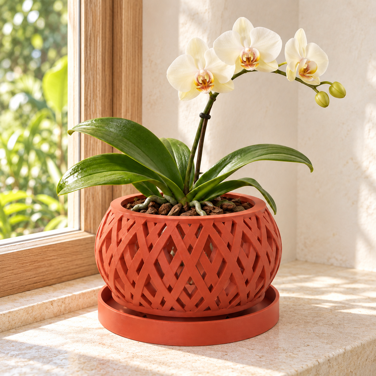 Tavero orchid pot with geometric lattice and white orchid displayed by a sunny window