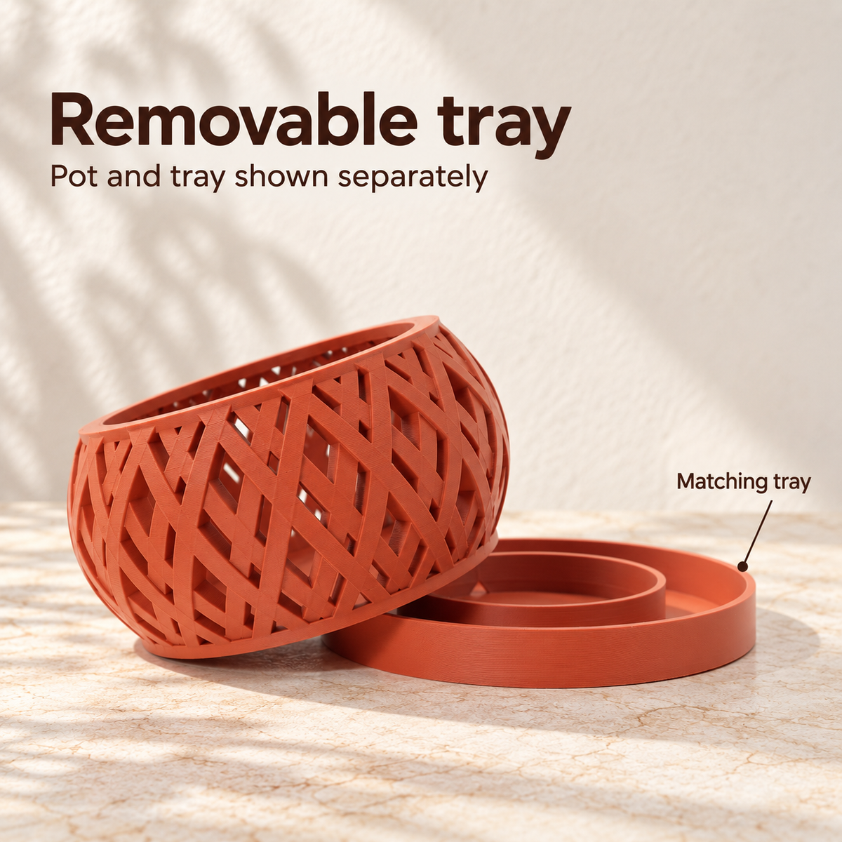 Tavero orchid pot shown separately from the optional matching bottom tray