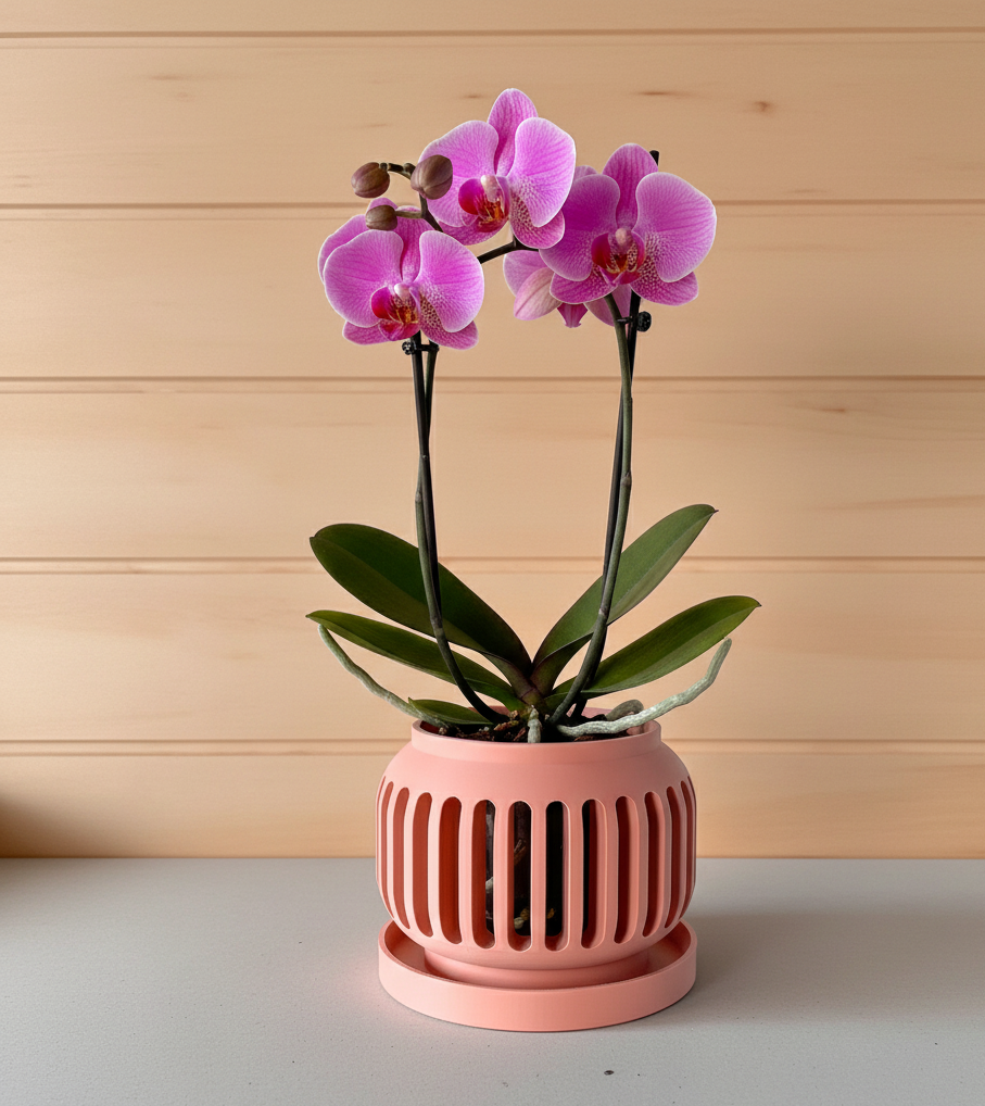 Noxi terracotta-inspired open slats ventilated orchid pot, front view